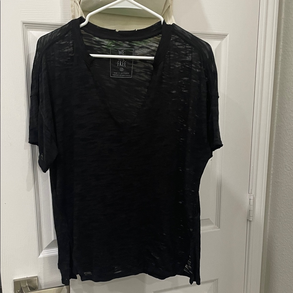 We The Free Black Sheer V-Neck Short Sleeve Tee